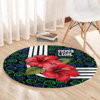 Sierra Leone Round Carpet with Red Hibiscus Floral Design and Tribal Swirl Pattern