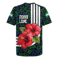 Sierra Leone Rugby Jersey with Red Hibiscus Floral Design and Tribal Swirl Pattern