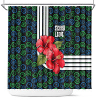 Sierra Leone Shower Curtain with Red Hibiscus Floral Design and Tribal Swirl Pattern