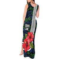 Sierra Leone Tank Maxi Dress with Red Hibiscus Floral Design and Tribal Swirl Pattern