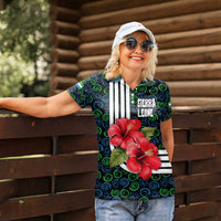 Sierra Leone Women Polo Shirt with Red Hibiscus Floral Design and Tribal Swirl Pattern