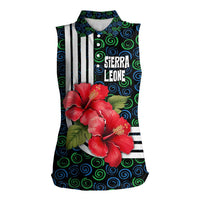 Sierra Leone Women Sleeveless Polo Shirt with Red Hibiscus Floral Design and Tribal Swirl Pattern