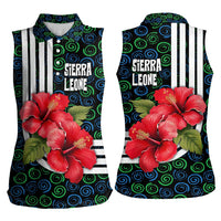 Sierra Leone Women Sleeveless Polo Shirt with Red Hibiscus Floral Design and Tribal Swirl Pattern