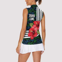 Sierra Leone Women Sleeveless Polo Shirt with Red Hibiscus Floral Design and Tribal Swirl Pattern
