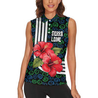 Sierra Leone Women Sleeveless Polo Shirt with Red Hibiscus Floral Design and Tribal Swirl Pattern