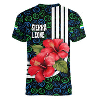 Sierra Leone Women V-Neck T-Shirt with Red Hibiscus Floral Design and Tribal Swirl Pattern