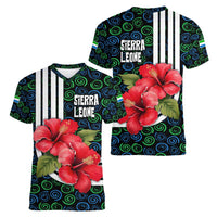 Sierra Leone Women V-Neck T-Shirt with Red Hibiscus Floral Design and Tribal Swirl Pattern