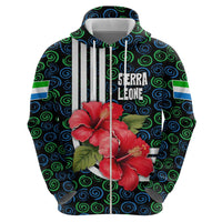 Sierra Leone Zip Hoodie with Red Hibiscus Floral Design and Tribal Swirl Pattern