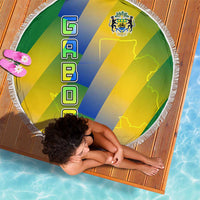Gabon Flag Colors Beach Blanket with National Coat of Arms and Vertical Text Design