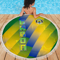 Gabon Flag Colors Beach Blanket with National Coat of Arms and Vertical Text Design