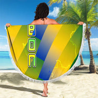 Gabon Flag Colors Beach Blanket with National Coat of Arms and Vertical Text Design
