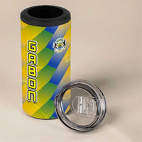 Gabon Flag Colors 4 in 1 Can Cooler Tumbler with National Coat of Arms and Vertical Text Design