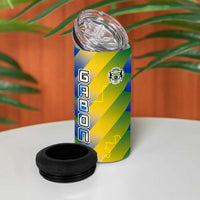 Gabon Flag Colors 4 in 1 Can Cooler Tumbler with National Coat of Arms and Vertical Text Design