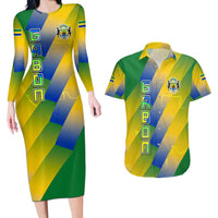 Gabon Flag Colors Couples Matching Long Sleeve Bodycon Dress and Hawaiian Shirt with National Coat of Arms and Vertical Text Design