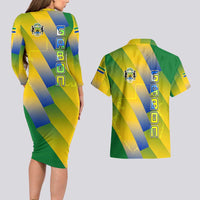 Gabon Flag Colors Couples Matching Long Sleeve Bodycon Dress and Hawaiian Shirt with National Coat of Arms and Vertical Text Design