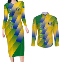 Gabon Flag Colors Couples Matching Long Sleeve Bodycon Dress and Long Sleeve Button Shirt with National Coat of Arms and Vertical Text Design