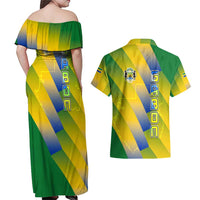 Gabon Flag Colors Couples Matching Off Shoulder Maxi Dress and Hawaiian Shirt with National Coat of Arms and Vertical Text Design