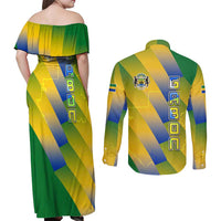 Gabon Flag Colors Couples Matching Off Shoulder Maxi Dress and Long Sleeve Button Shirt with National Coat of Arms and Vertical Text Design