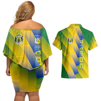 Gabon Flag Colors Couples Matching Off Shoulder Short Dress and Hawaiian Shirt with National Coat of Arms and Vertical Text Design