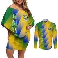 Gabon Flag Colors Couples Matching Off Shoulder Short Dress and Long Sleeve Button Shirt with National Coat of Arms and Vertical Text Design
