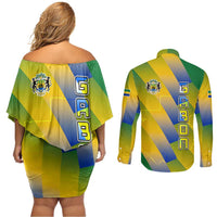 Gabon Flag Colors Couples Matching Off Shoulder Short Dress and Long Sleeve Button Shirt with National Coat of Arms and Vertical Text Design