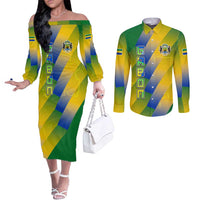 Gabon Flag Colors Couples Matching Off The Shoulder Long Sleeve Dress and Long Sleeve Button Shirt with National Coat of Arms and Vertical Text Design