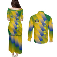 Gabon Flag Colors Couples Matching Puletasi and Long Sleeve Button Shirt with National Coat of Arms and Vertical Text Design