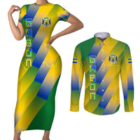 Gabon Flag Colors Couples Matching Short Sleeve Bodycon Dress and Long Sleeve Button Shirt with National Coat of Arms and Vertical Text Design