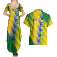 Gabon Flag Colors Couples Matching Summer Maxi Dress and Hawaiian Shirt with National Coat of Arms and Vertical Text Design