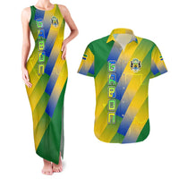 Gabon Flag Colors Couples Matching Tank Maxi Dress and Hawaiian Shirt with National Coat of Arms and Vertical Text Design