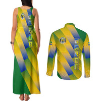 Gabon Flag Colors Couples Matching Tank Maxi Dress and Long Sleeve Button Shirt with National Coat of Arms and Vertical Text Design