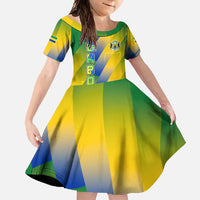 Gabon Flag Colors Family Matching Long Sleeve Bodycon Dress and Hawaiian Shirt with National Coat of Arms and Vertical Text Design