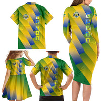 Gabon Flag Colors Family Matching Long Sleeve Bodycon Dress and Hawaiian Shirt with National Coat of Arms and Vertical Text Design