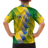 Gabon Flag Colors Family Matching Off The Shoulder Long Sleeve Dress and Hawaiian Shirt with National Coat of Arms and Vertical Text Design