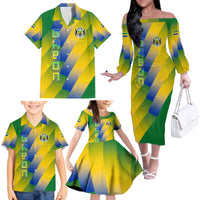 Gabon Flag Colors Family Matching Off The Shoulder Long Sleeve Dress and Hawaiian Shirt with National Coat of Arms and Vertical Text Design