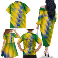 Gabon Flag Colors Family Matching Off The Shoulder Long Sleeve Dress and Hawaiian Shirt with National Coat of Arms and Vertical Text Design