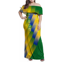 Gabon Flag Colors Family Matching Off Shoulder Maxi Dress and Hawaiian Shirt with National Coat of Arms and Vertical Text Design