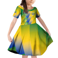 Gabon Flag Colors Family Matching Off Shoulder Short Dress and Hawaiian Shirt with National Coat of Arms and Vertical Text Design