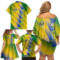 Gabon Flag Colors Family Matching Off Shoulder Short Dress and Hawaiian Shirt with National Coat of Arms and Vertical Text Design