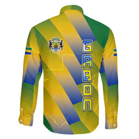 Gabon Flag Colors Family Matching Off Shoulder Short Dress and Hawaiian Shirt with National Coat of Arms and Vertical Text Design