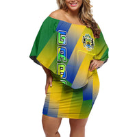 Gabon Flag Colors Family Matching Off Shoulder Short Dress and Hawaiian Shirt with National Coat of Arms and Vertical Text Design