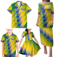 Gabon Flag Colors Family Matching Puletasi and Hawaiian Shirt with National Coat of Arms and Vertical Text Design