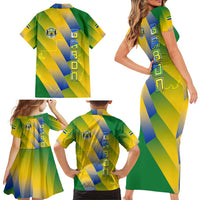 Gabon Flag Colors Family Matching Short Sleeve Bodycon Dress and Hawaiian Shirt with National Coat of Arms and Vertical Text Design