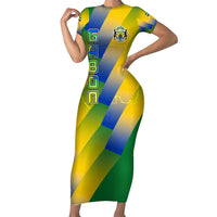 Gabon Flag Colors Family Matching Short Sleeve Bodycon Dress and Hawaiian Shirt with National Coat of Arms and Vertical Text Design