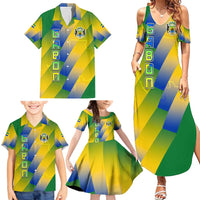 Gabon Flag Colors Family Matching Summer Maxi Dress and Hawaiian Shirt with National Coat of Arms and Vertical Text Design
