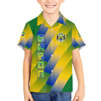 Gabon Flag Colors Family Matching Summer Maxi Dress and Hawaiian Shirt with National Coat of Arms and Vertical Text Design