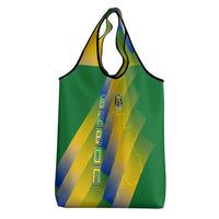 Gabon Flag Colors Grocery Bag with National Coat of Arms and Vertical Text Design