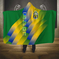Gabon Flag Colors Hooded Blanket with National Coat of Arms and Vertical Text Design