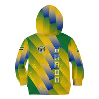 Gabon Flag Colors Kid Hoodie with National Coat of Arms and Vertical Text Design