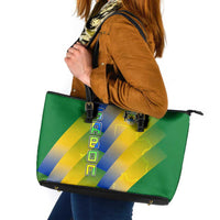 Gabon Flag Colors Leather Tote Bag with National Coat of Arms and Vertical Text Design